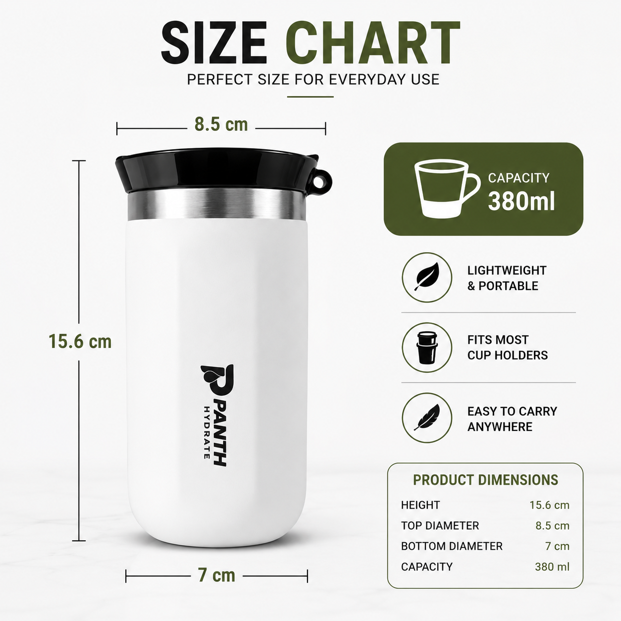 Panth Hydrate 380ml Stainless Steel Vacuum Insulated Travel Tumbler | Leakproof Coffee Mug | Hot & Cold Thermal Cup