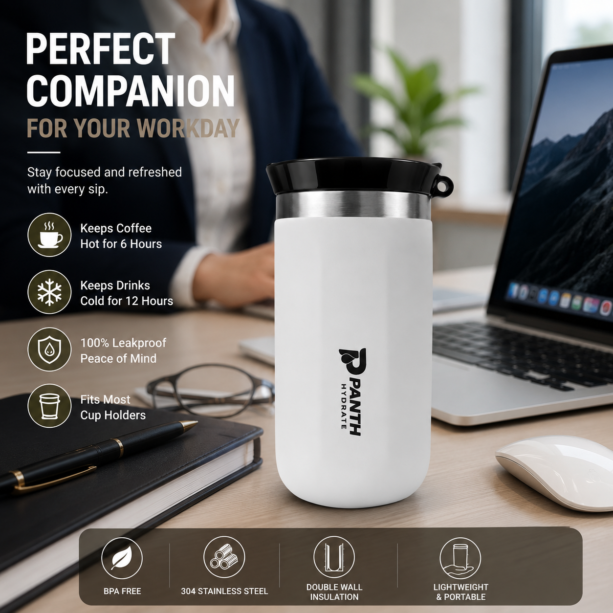 Panth Hydrate 380ml Stainless Steel Vacuum Insulated Travel Tumbler | Leakproof Coffee Mug | Hot & Cold Thermal Cup