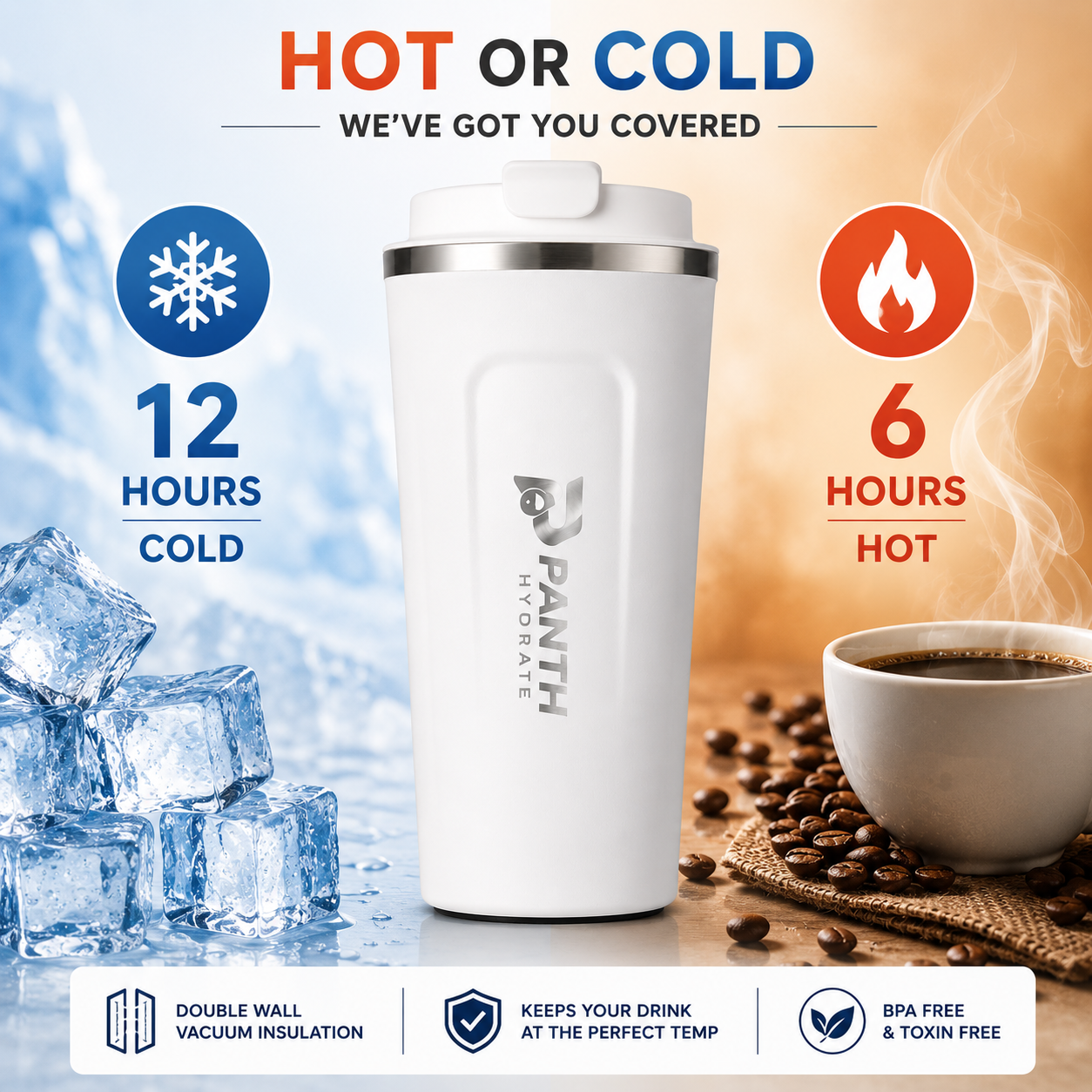 Panth Hydrate 380ml insulated travel tumbler keeps drinks hot for 6 hours and cold for 12 hours