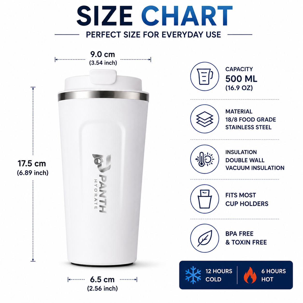 Panth Hydrate 380ml travel tumbler dimensions and capacity size guide