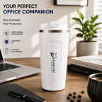 Panth Hydrate 380ml coffee tumbler on office desk with laptop and notebook