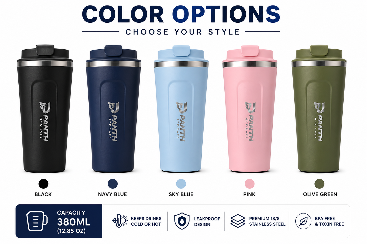 Panth Hydrate 380ml Stainless Steel Vacuum Insulated Travel Tumbler | Leakproof Coffee Mug | Hot 6H & Cold 12H