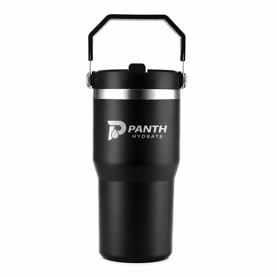 Panth Hydrate 20oz stainless steel travel tumbler with handle and flip straw lid