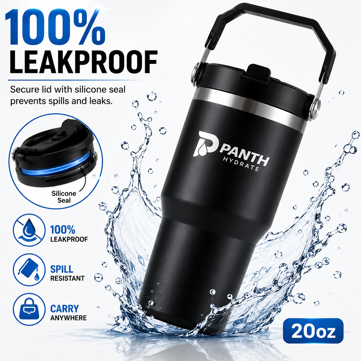 Panth Hydrate leakproof travel tumbler with handle and flip straw design
