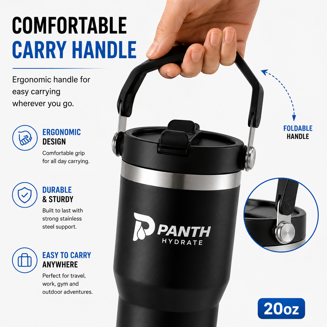 Panth Hydrate tumbler with ergonomic carry handle for easy portability