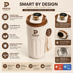 Panth Hydrate smart temperature tumbler with features highlighted on a beige background