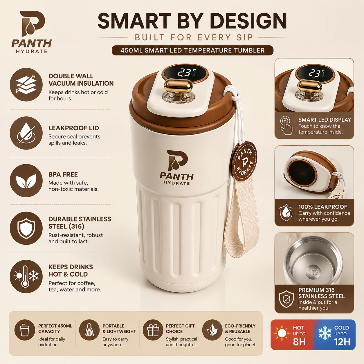 Panth Hydrate smart temperature tumbler with features highlighted on a beige background