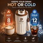 Panth Hydrate travel mug with temperature display, surrounded by hot and cold beverage examples.