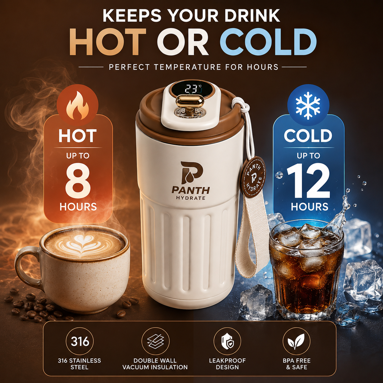 Panth Hydrate travel mug with temperature display, surrounded by hot and cold beverage examples.