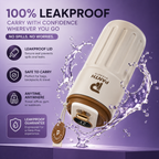 Leakproof container with water splashes on a purple background, featuring brand logo.