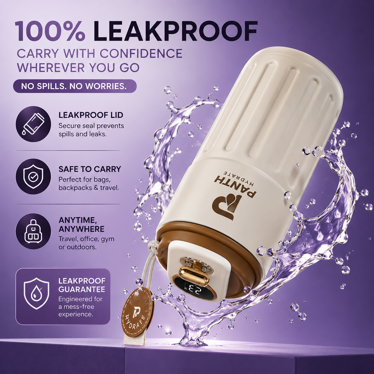 Leakproof container with water splashes on a purple background, featuring brand logo.
