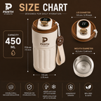 Panth Hydrate water bottle size chart with dimensions and features on a dark background