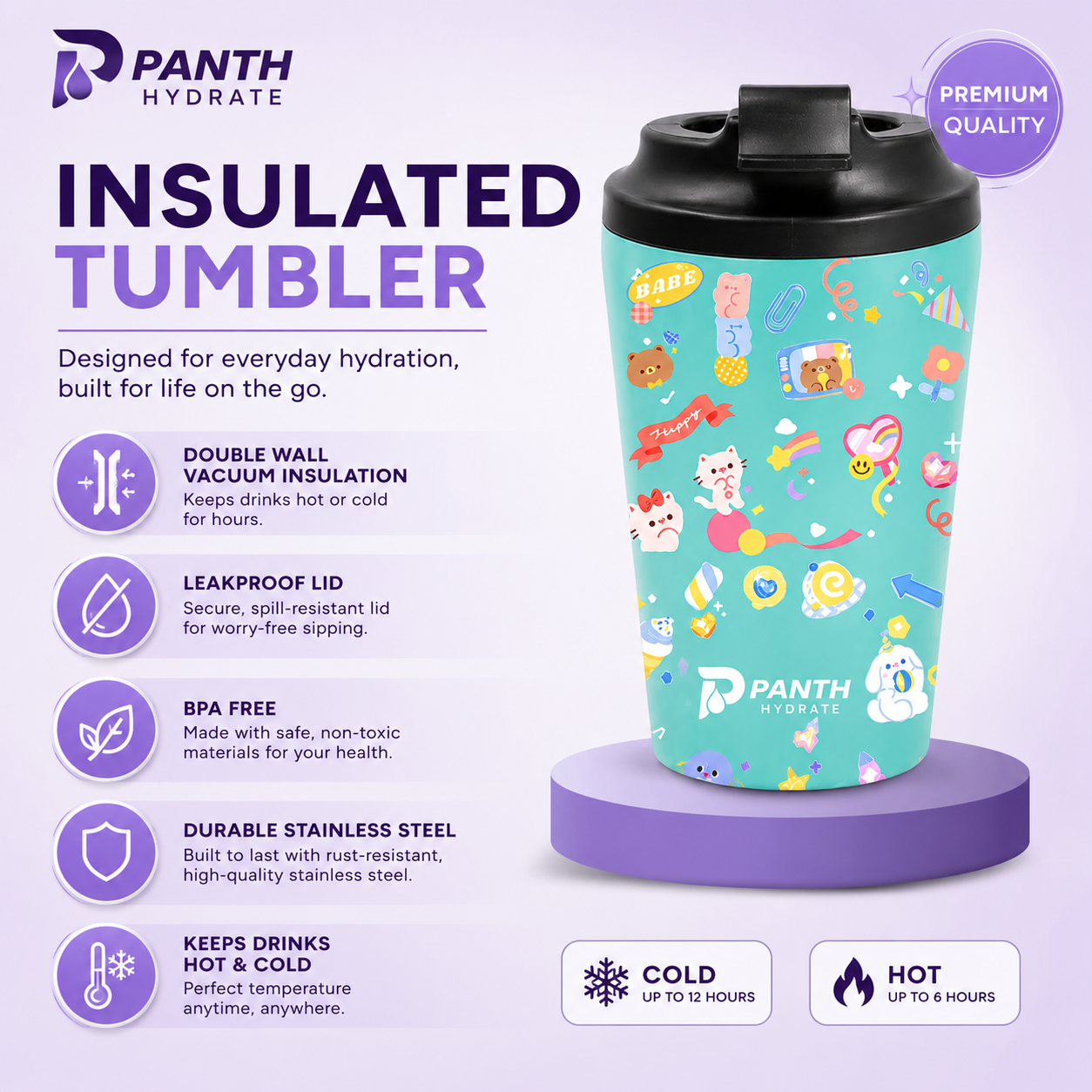 12oz Double Wall Stainless Steel Insulated Tumbler Leakproof Travel Coffee Mug With Lid