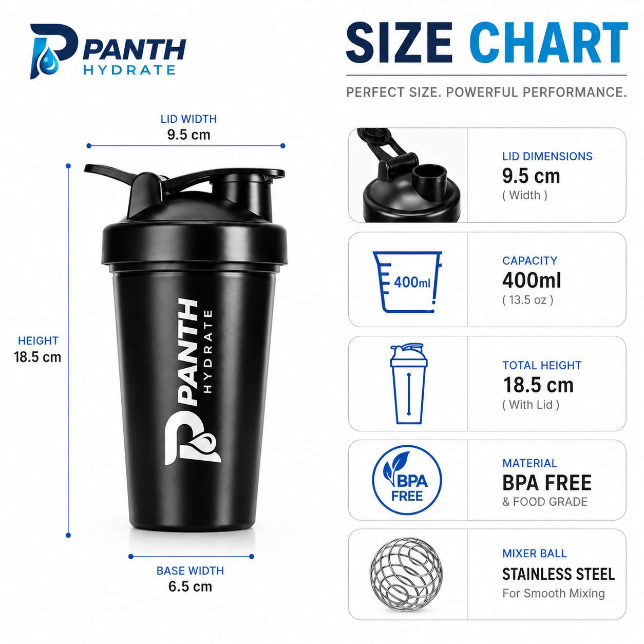 400ml Protein Shaker Cup BPA Free Gym Sports Water Bottle | Panth Hydrate
