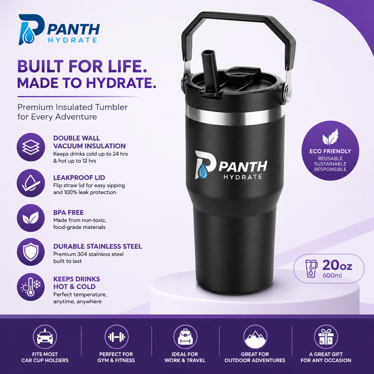 Tour Water Bottles 20oz Travel Coffee Mug Reusable Vacuum Cup Tumbler Flip Straw With Handle