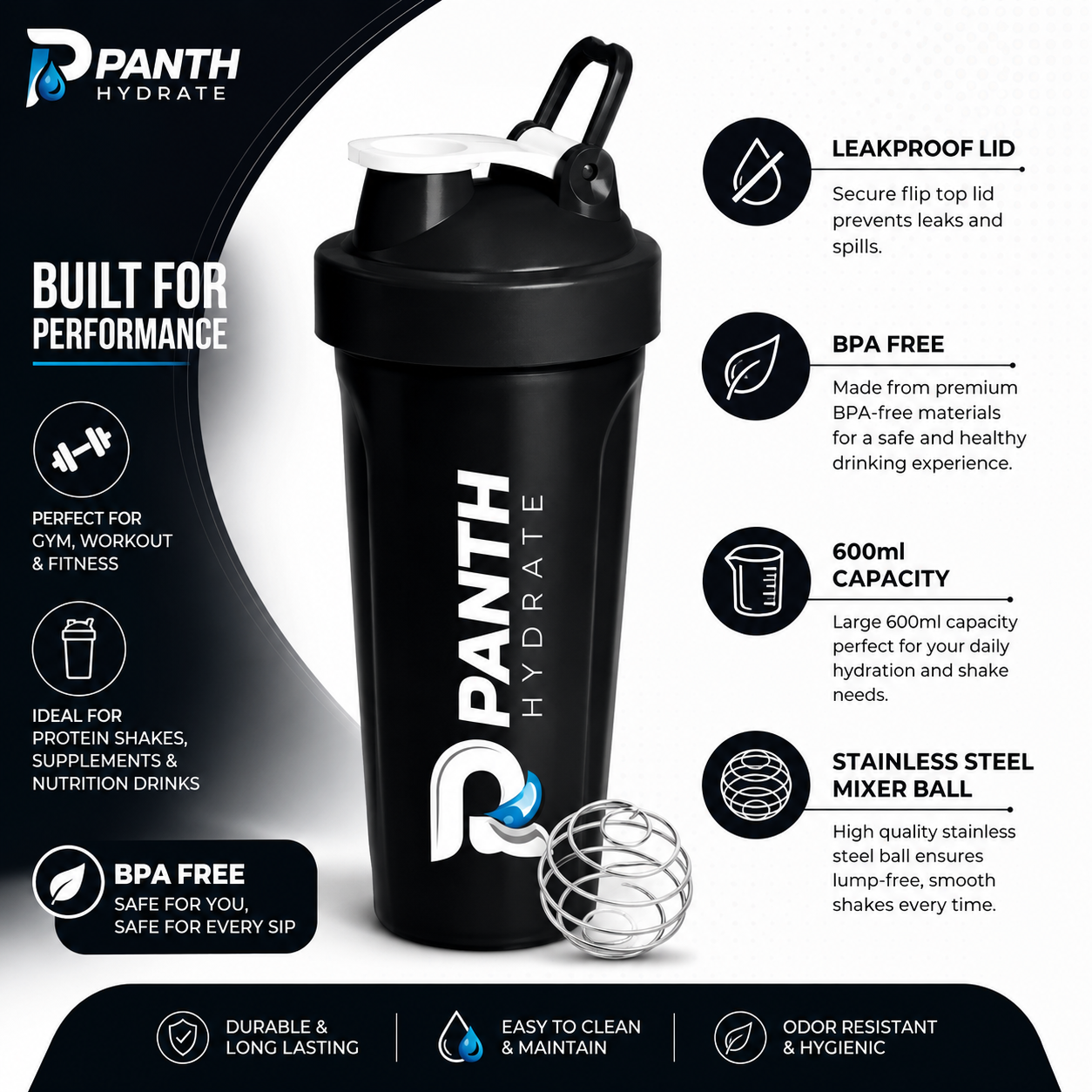 600ml Sports Fitness Workout Protien Shake Gym Shakers Cup